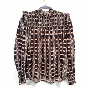 RO’S GARDEN S Oversized Gemma Woven Print Mock Neck Smocked Chest Plaid Blouse